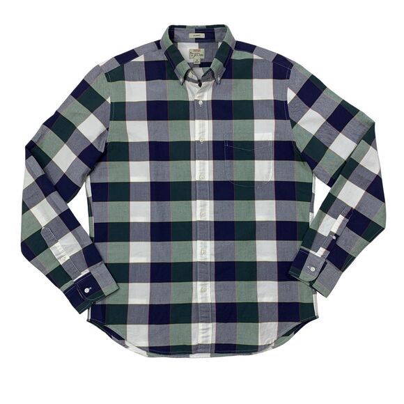 J Crew Shirt Men M Medium Navy Green Classic All Cotton Oxford Button Down Plaid - Picture 1 of 11